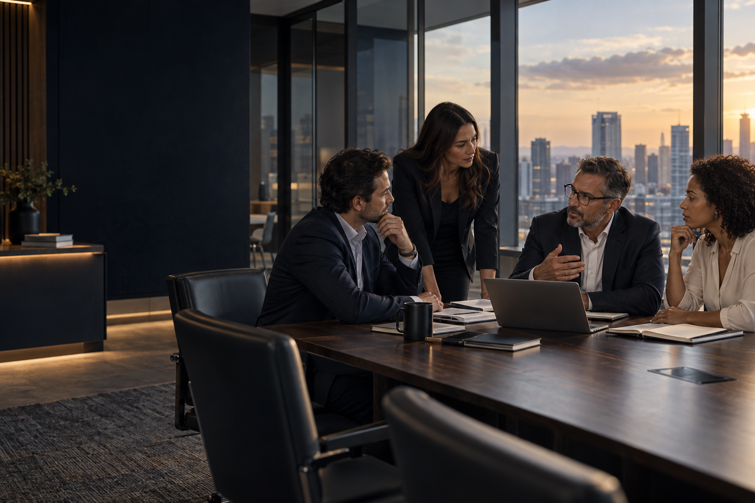 Equipe de especialistas colaborando no desenho de uma solução empresarial