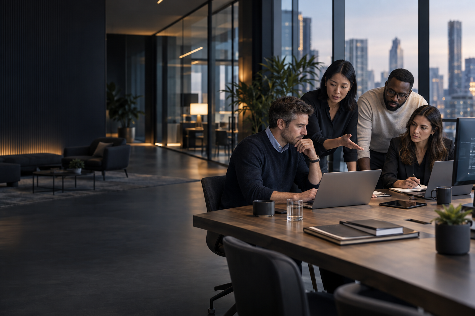 Equipe conectando gestão empresarial e tecnologia em uma operação integrada